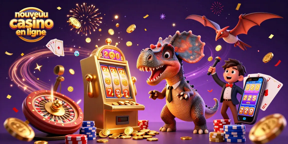 Illustration dynamique d'un nouveau casino en ligne avec un pachycéphalosaure et des éléments de jeu éclatants.