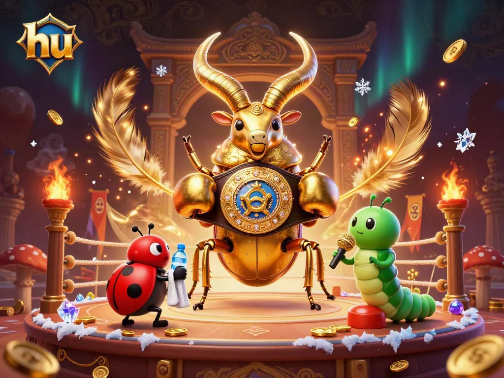 Engage with hu casino excitement as a golden stag beetle competes in a vibrant gambling arena.