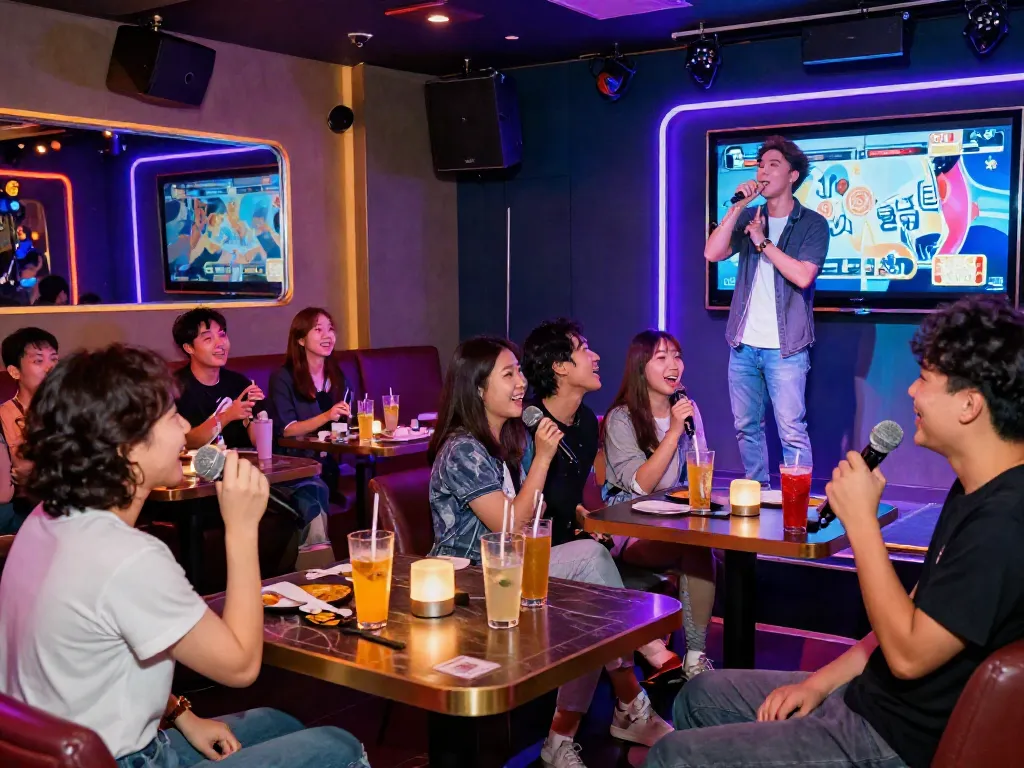 강남 달토에서 친구들과 즐거운 시간을 보내는 모습, 화려한 조명과 함께 음악을 즐기는 장면