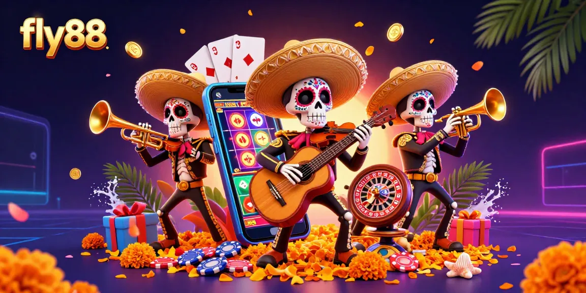 Engage with fly88 through vibrant 3D illustration of mariachi band celebrating with casino elements.