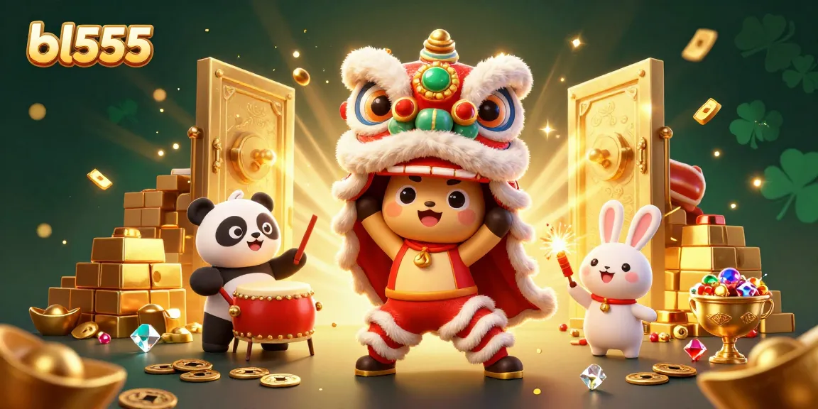 Engage with bl555's vibrant lion dance celebration amidst a bounty of casino treasures.