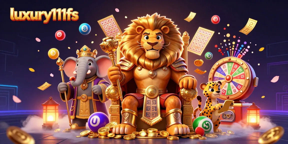 Engage in vibrant gaming adventures with luxury111fs featuring a lion king, a wise elephant, and colorful lottery elements.