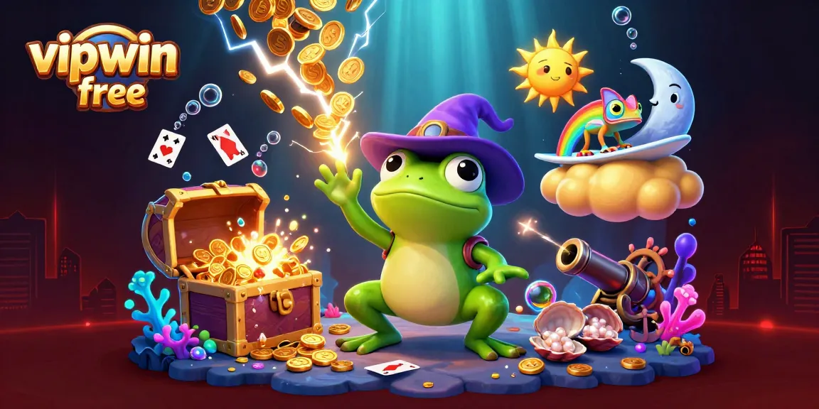 Play exciting games at vipwin free featuring a wizard frog amidst golden coins and vibrant casino elements!