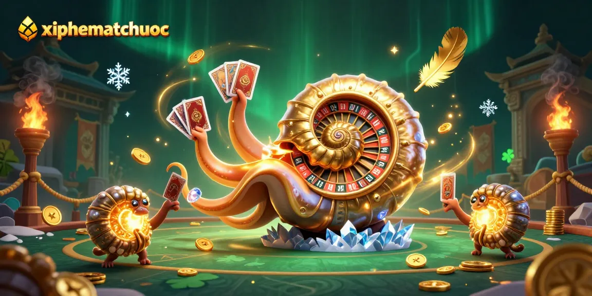 Experience xiphematchuoc with a giant nautilus holding cards in a vibrant casino scene