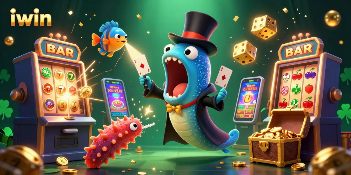 Iwin's vibrant casino scene showcases a magical performance by sea creatures amidst slot machines and sparkling coins.