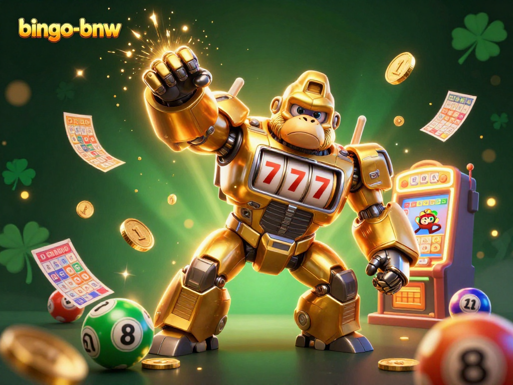 Engage in exciting bingo-bnw gameplay with a dynamic golden gorilla mech and dazzling jackpots.