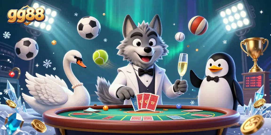 Experience exciting betting at gg88 with sports balls, a stylish wolf, and a swan dealer in action.