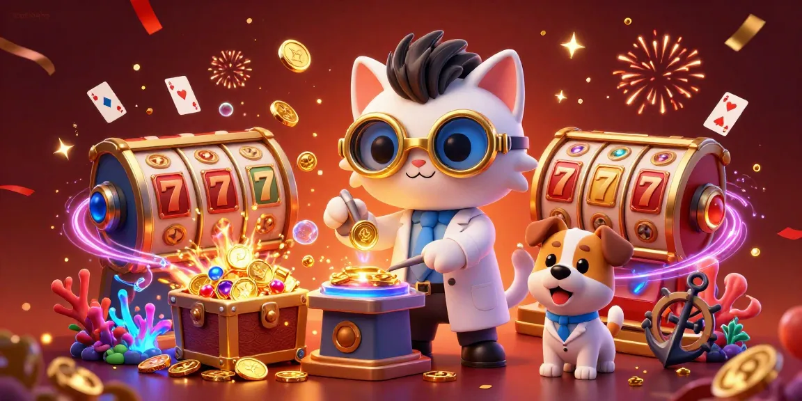 Engage in togel online with a vibrant 3D cartoon scene featuring a mad scientist cat and dynamic casino elements.