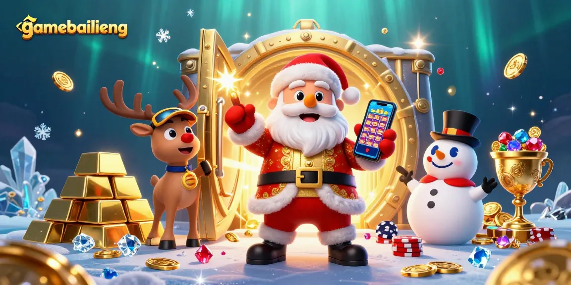 Experience the thrilling slots action at gamebailieng with festive characters in a vibrant casino scene.