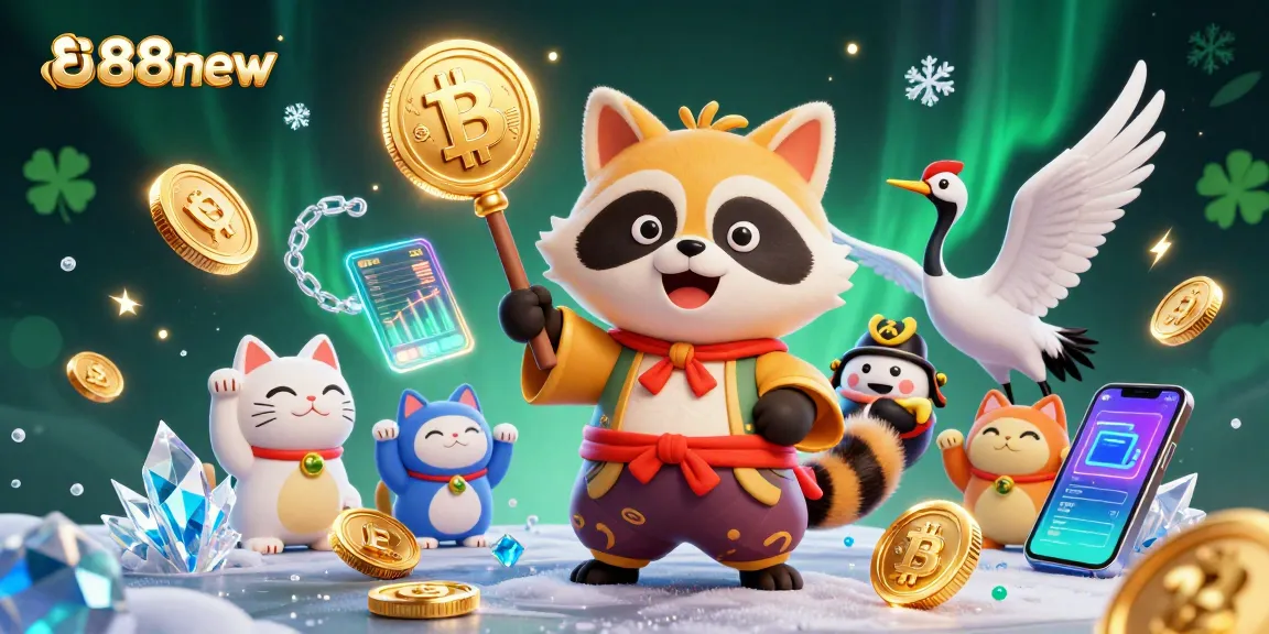Play thrilling games at 888new with a lucky tanuki and vibrant lucky symbols.