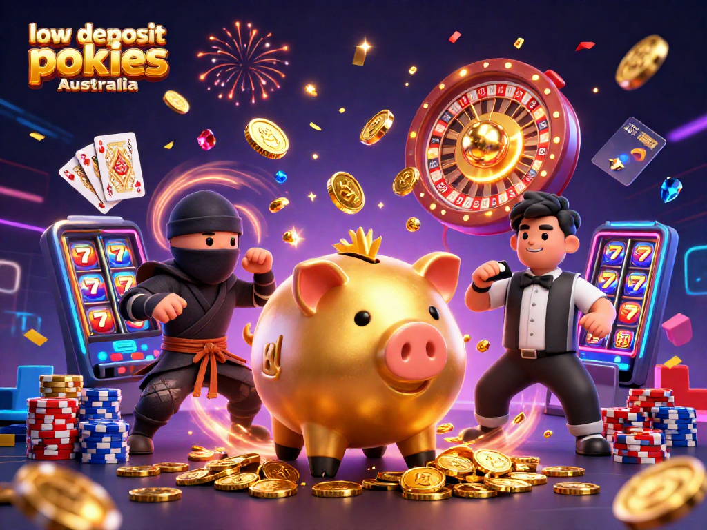 Engage in low deposit pokies Australia action with vibrant characters celebrating wins in a dynamic casino illustration.