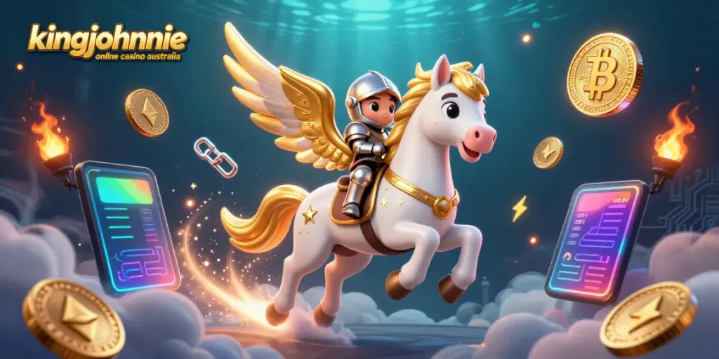 Experience the thrill at kingjohnnie online casino australia with a magical 3D scene filled with crypto and casino excitement.