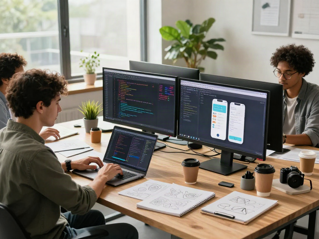 Download Pikashow Apk with a diverse team collaborating in a bright tech workspace showcasing innovation and creativity.