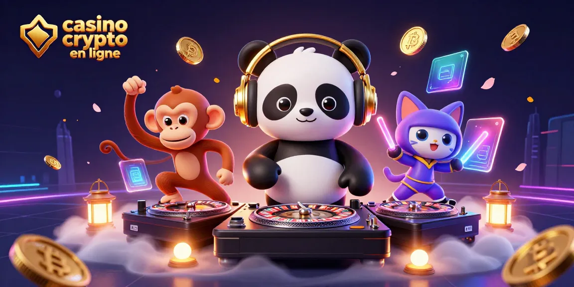 Illustration dynamique d'un casino crypto en ligne, mettant en scène un panda DJ et un singe sur la piste de danse.