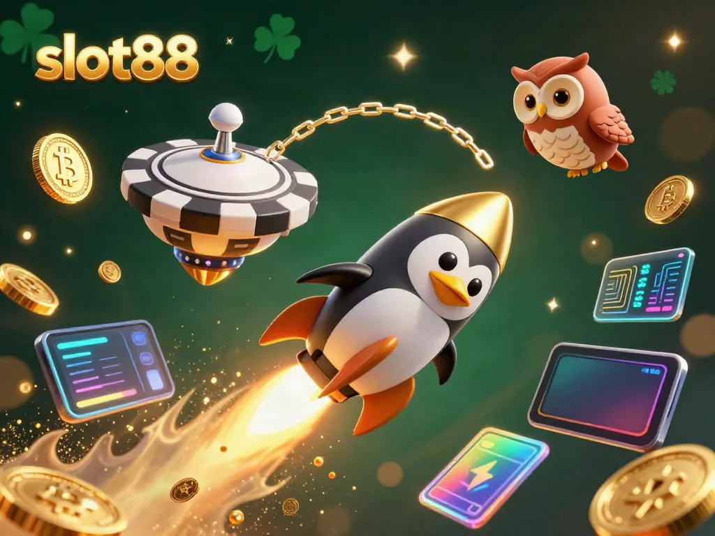 Engage with slot88 excitement as a golden penguin rockets toward a vibrant casino space station.