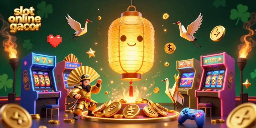 Play exciting games in vibrant slot online gacor atmosphere filled with golden elements and casino motifs.