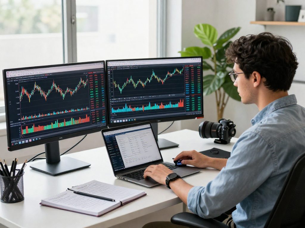 专业交易员正在使用TradingView分析股票与外汇行情，多个显示器展示实时图表和技术指标。