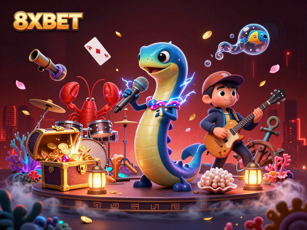 Engage with 8XBET's underwater casino scene featuring a DJ eel and vibrant game elements.