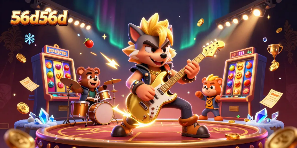56d56d apresenta uma cena animada de uma banda de rock, com elementos de cassino e prêmios brilhantes.
