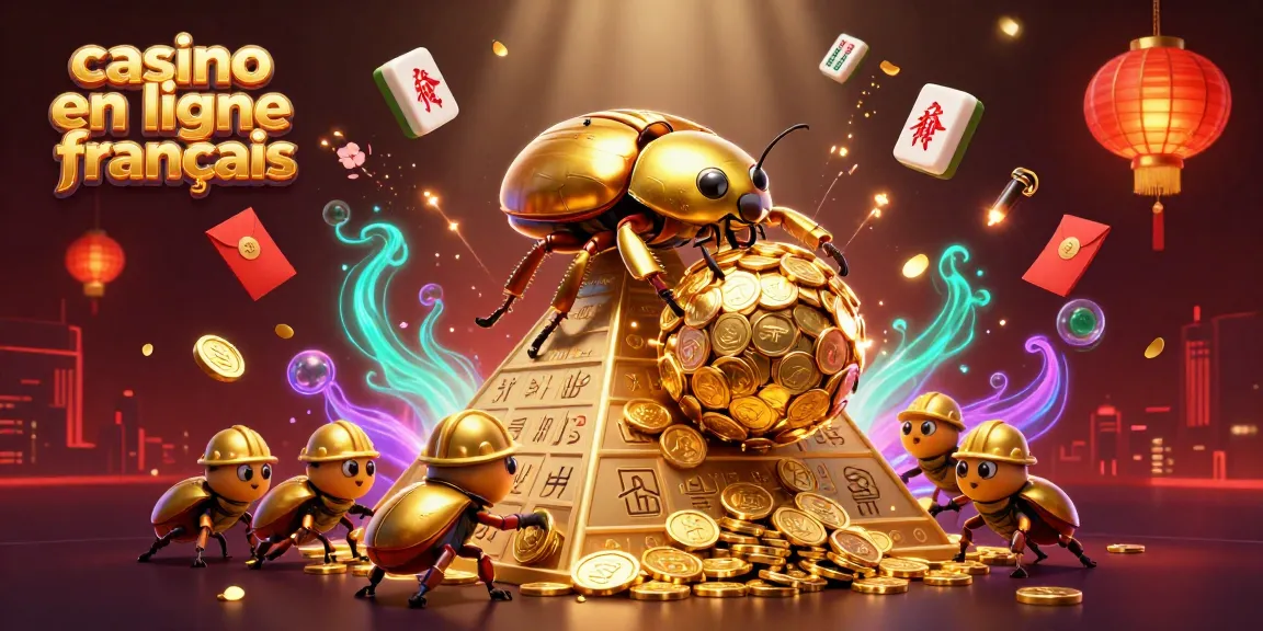 Visualisez le casino en ligne français avec des coccinelles dorées, des lumières et des éléments de jeu.