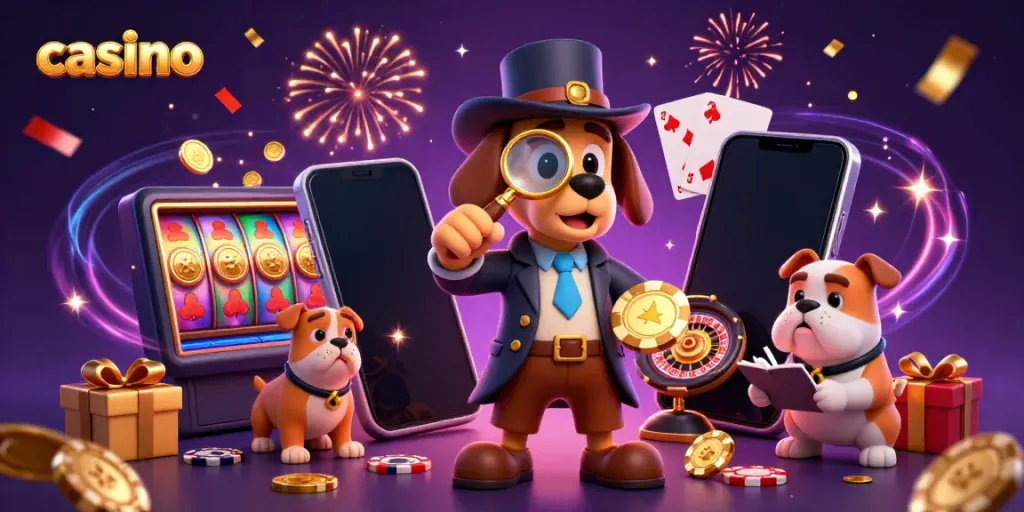 Detective bloodhound examines casino clues in a vibrant slot game scene with festive effects
