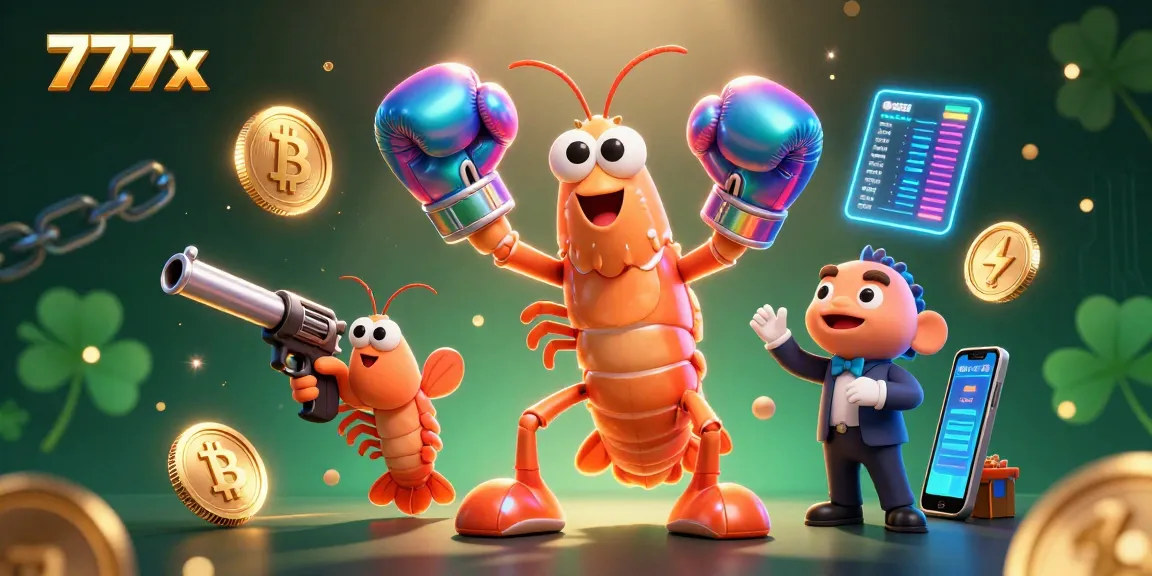 Engage with 777x in a vibrant casino scene featuring crypto coins and dynamic gaming elements.