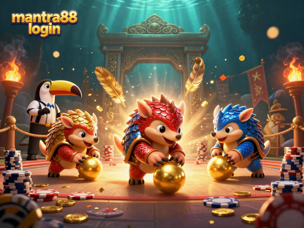 Engage in thrilling gameplay with mantra88 login through vibrant cartoon pangolins in a dynamic casino setting.