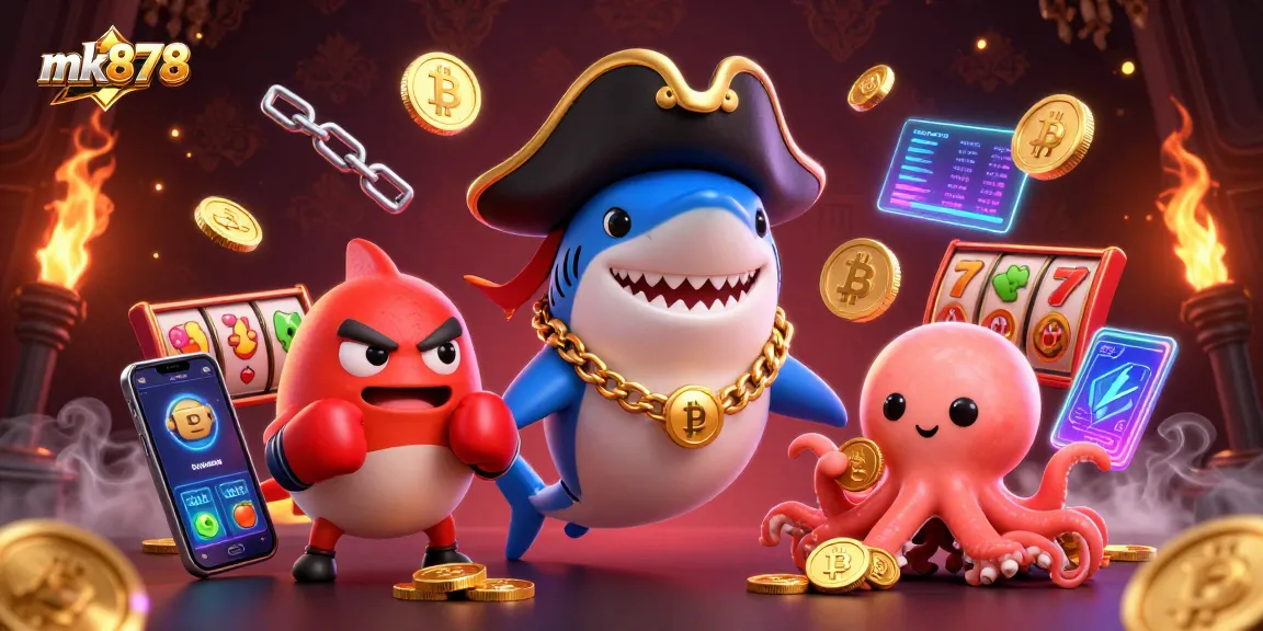 Engage in thrilling gaming with mk878, where a cartoon pirate shark, a pufferfish boxer, and an octopus with coins showcase a vibrant casino experience.