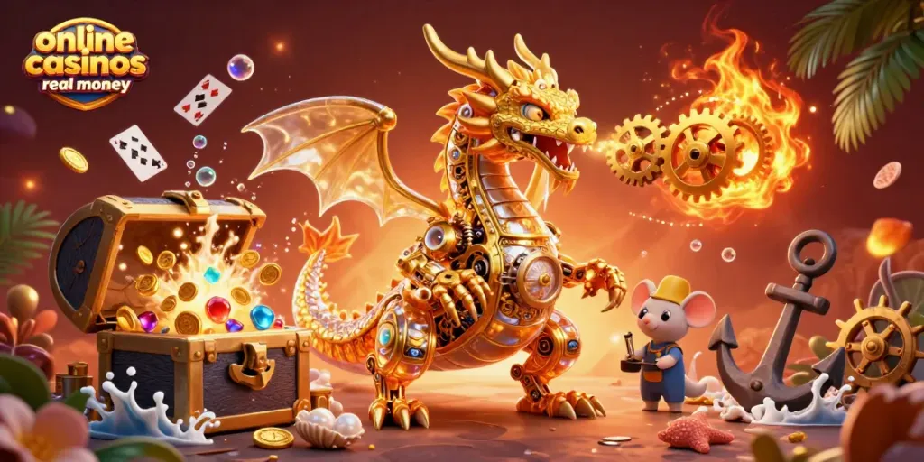 Play exciting slots with online casinos real money as a dragon breathes gears amidst treasures.