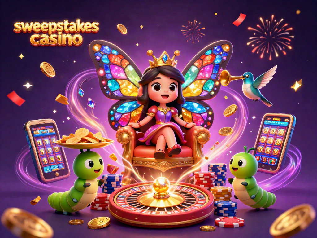 Win at sweepstakes casino with the butterfly queen amidst coins and poker chips.