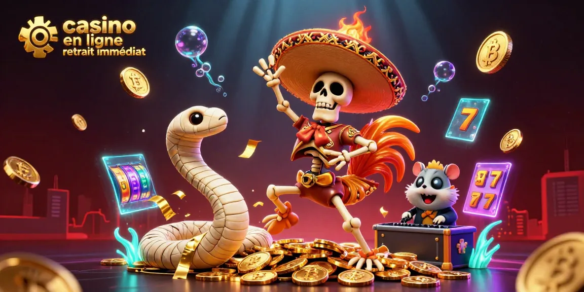 Scène animée de casino en ligne retrait immédiat avec un personnage mariachis et des éléments de blockchain