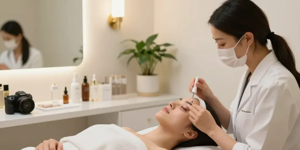 Augenringe entfernen in einem modernen Schönheitssalon mit sanfter Anwendung von Hyaluronsäure.