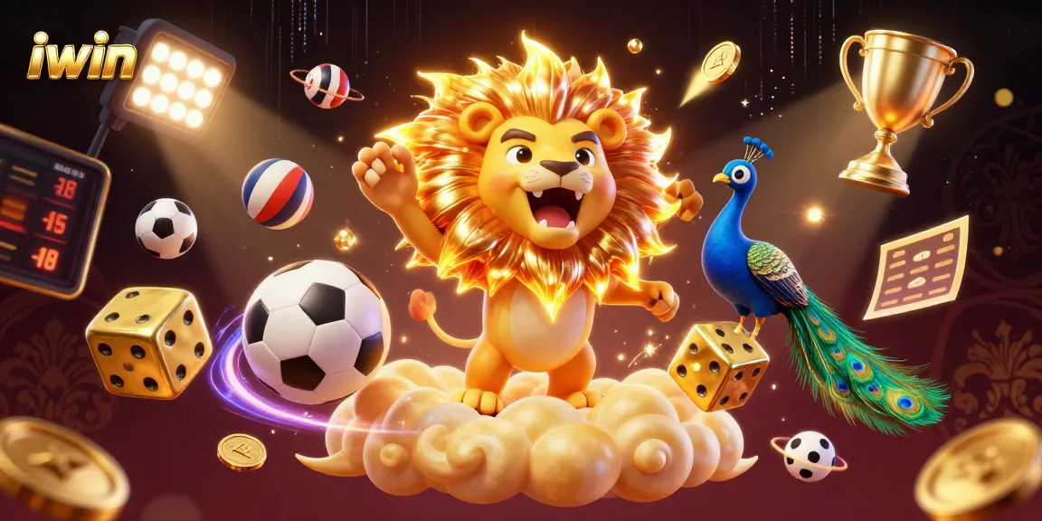 iwin engages players with dynamic golden dice and roaring lion in a vibrant casino scene