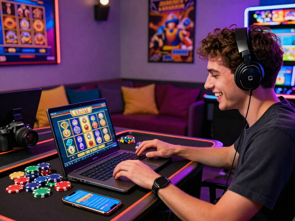 Player enjoying bonus buy slots in a vibrant online casino setting, surrounded by colorful gaming items and technology.