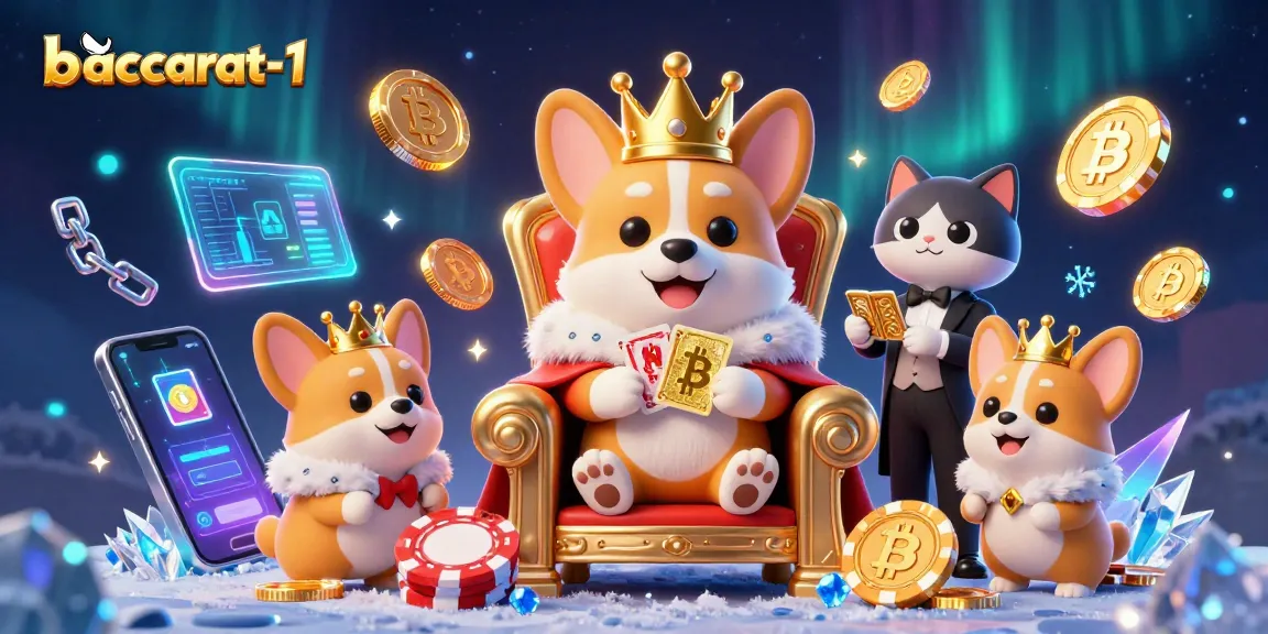 Experience baccarat-1 with a royal corgi on a poker chip throne surrounded by crypto treasures.