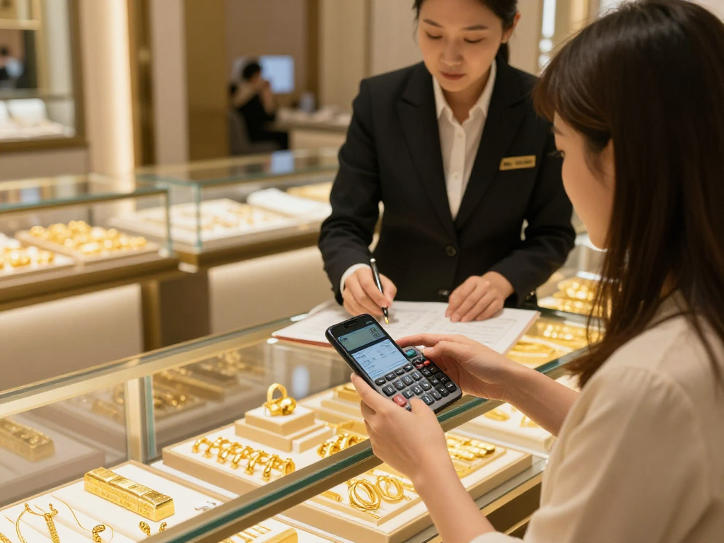 Customer consulting on gold prices and estimates with mantra88 in a luxurious jewelry store setting
