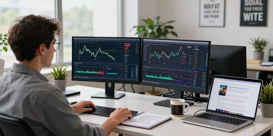 AICoin 数字货币交易平台界面展示，专业交易员在现代办公室内进行市场分析。