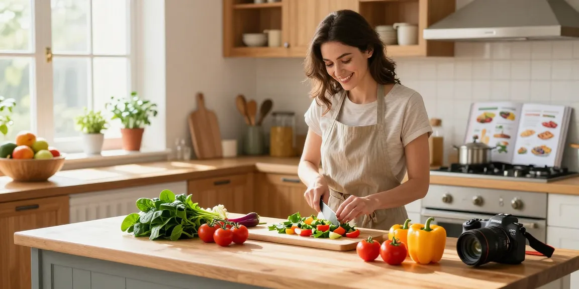 Woman preparing a fresh salad with health tips at home, surrounded by colorful vegetables.