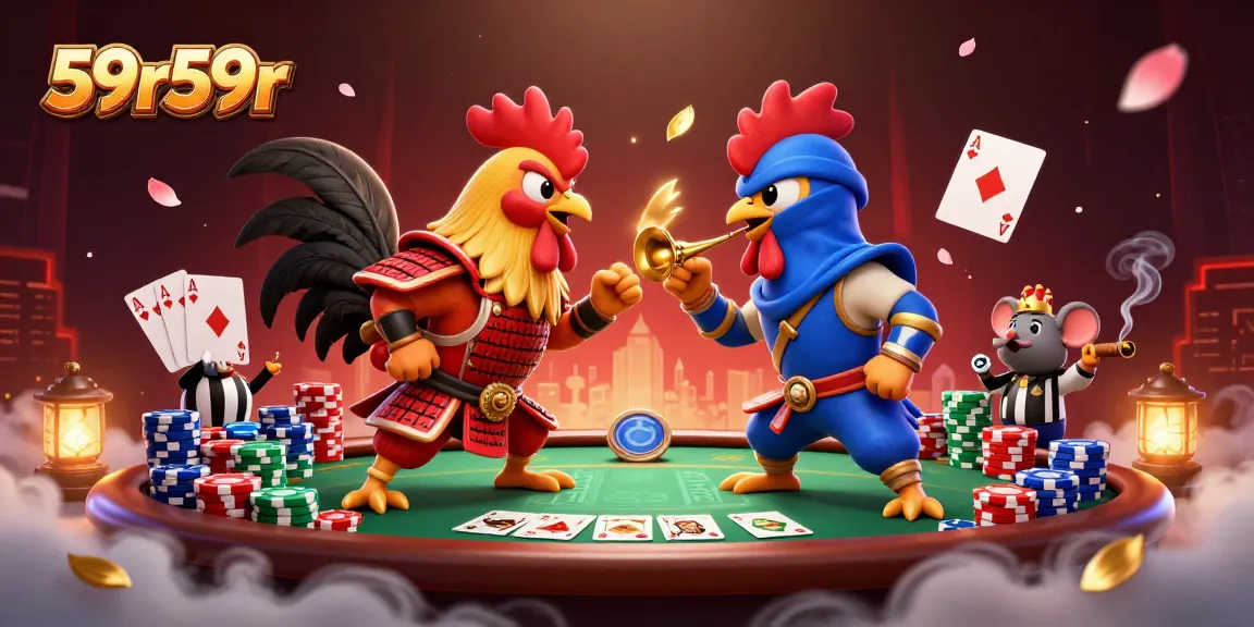 Engage 59r59r's thrilling poker scene with battling roosters and vibrant casino elements.