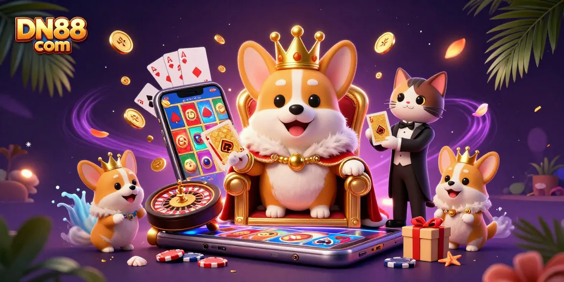 Engage with DN88 com, enjoying a vibrant, interactive casino scene with royal corgis and dynamic games.