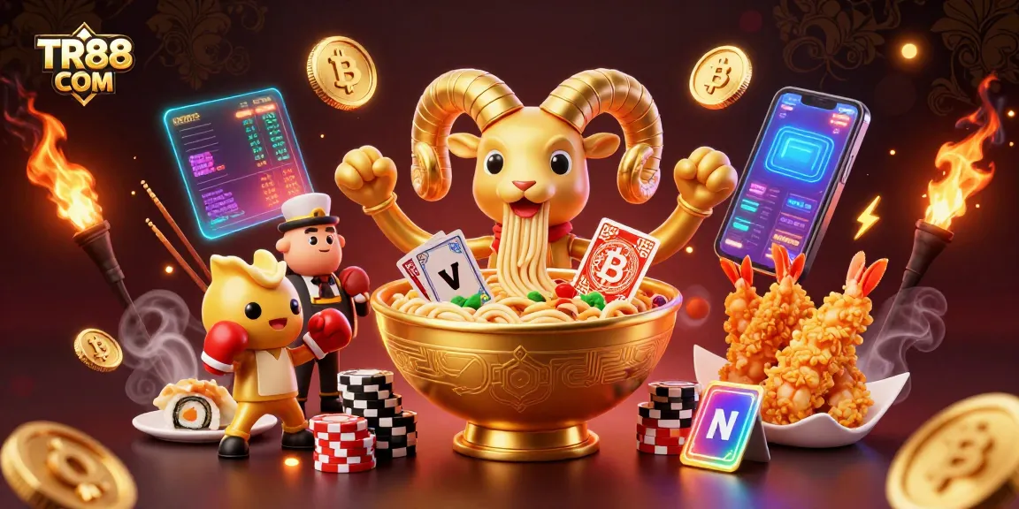 Engaging TR88 COM casino scene featuring a golden ramen bowl and crypto coins, showcasing excitement in gambling.