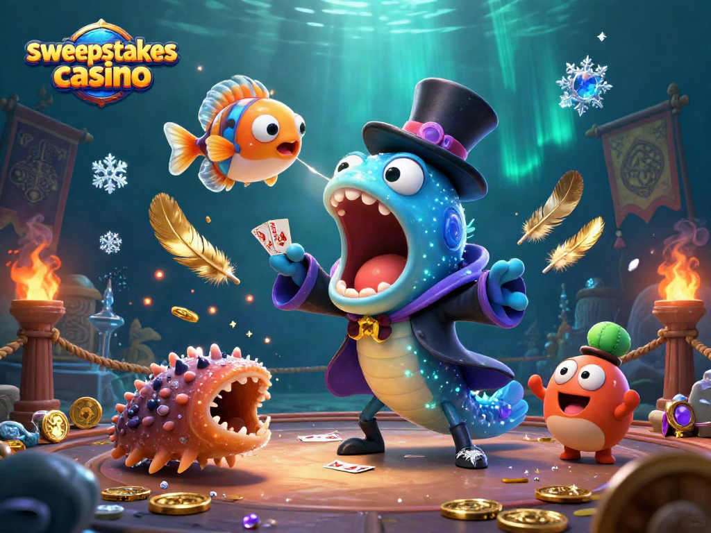 Experience excitement in the sweepstakes casino with vibrant characters from a magic act.