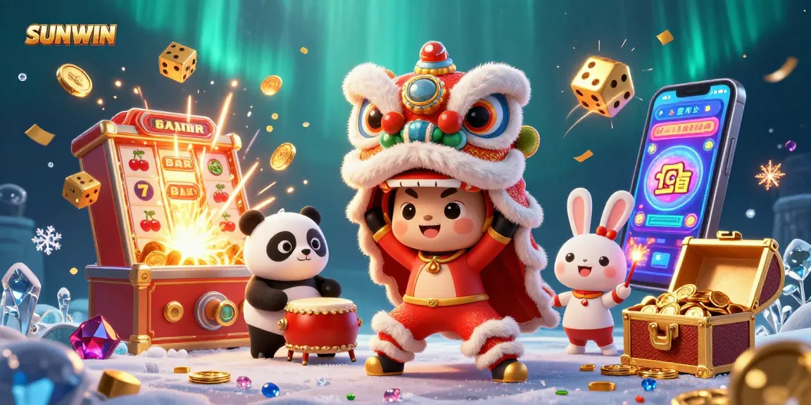 SUNWIN showcases thrilling casino excitement with cartoon characters celebrating at a vibrant jackpot scene.