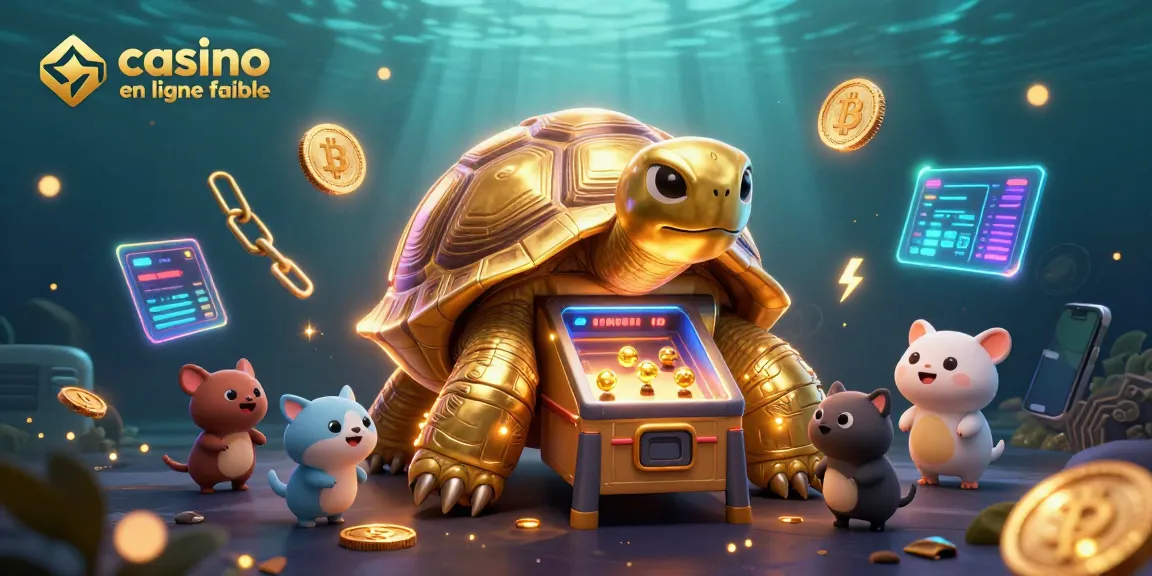 Jouez sur un casino en ligne fiable avec une tortue géante comme machine à pinball, entourée de pièces de crypto-monnaies.