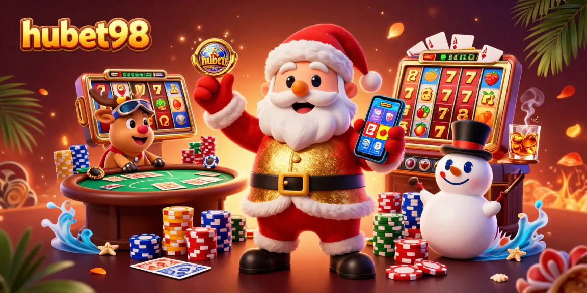 Experience the excitement of hubet98 with a vibrant casino scene featuring Santa, reindeer, and a snowman.