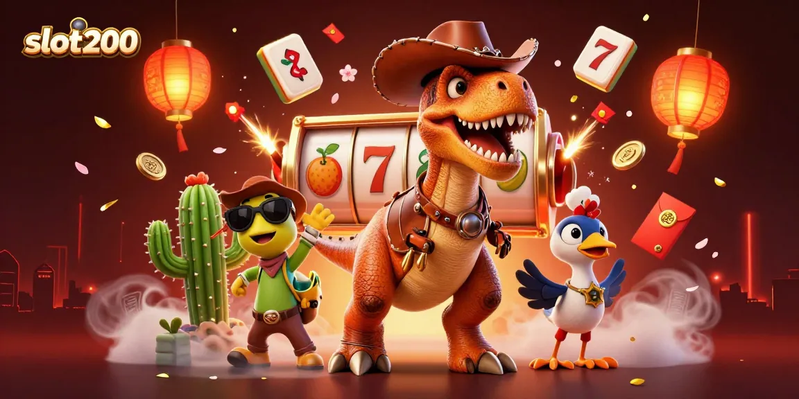 Experience the excitement of slot200 with a vibrant 3D illustration of a T-Rex and casino elements.