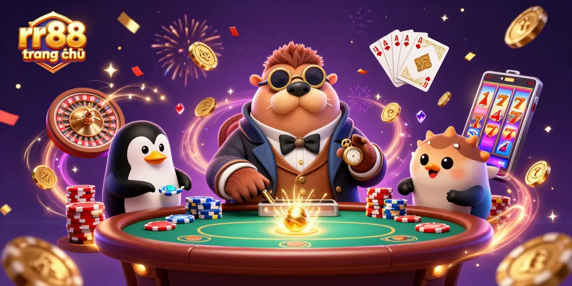 Experience the excitement of rr88 trang chủ with a vibrant underwater poker scene featuring a walrus, penguin dealer, and pufferfish player.