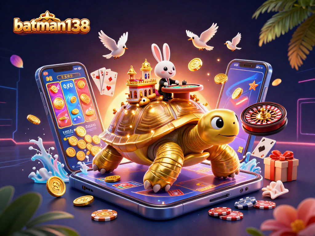 Gambarkan batman138 dalam dunia kasino dengan tortoise emas raksasa dan dealer kelinci.
