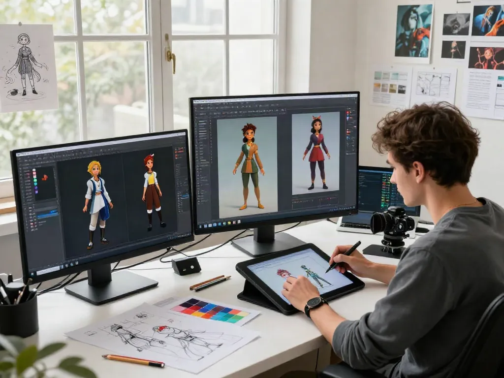 Creative workspace featuring an artist using a consistent character generator to design diverse character models.