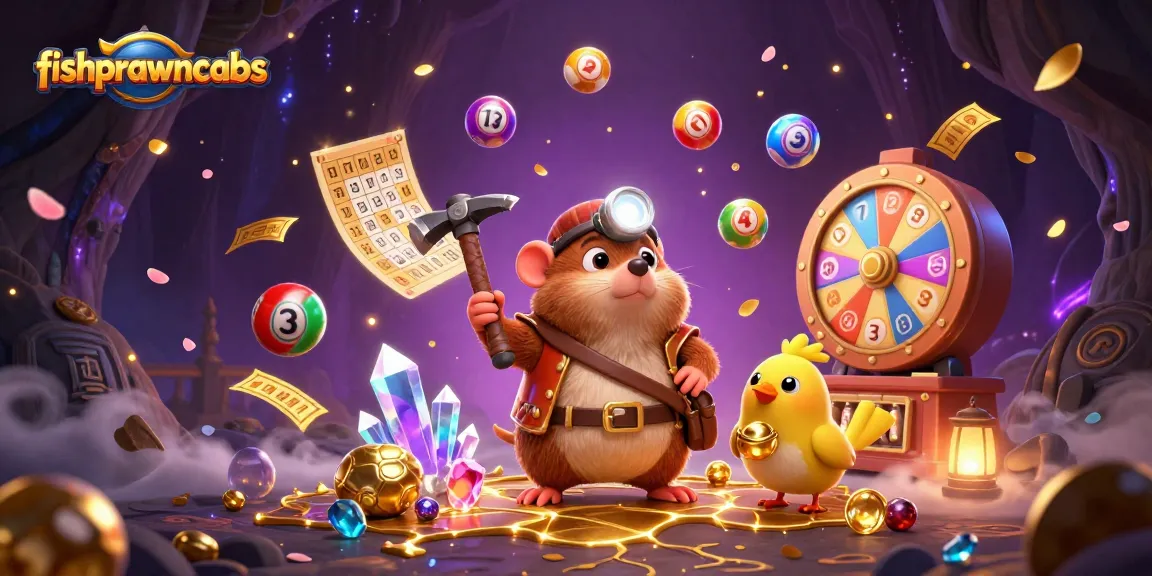 Win with fishprawncrabs in a vibrant treasure-filled cave scene with lottery elements.